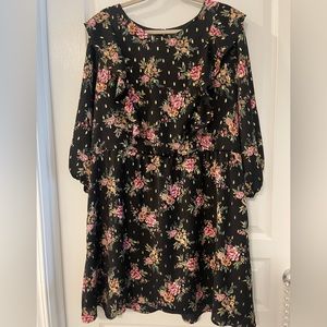 Black, Gold pink floral front ruffle dress